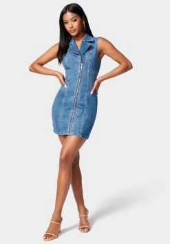 Multi Stitch Asymmetrical Zipper Denim Dress Festival Season