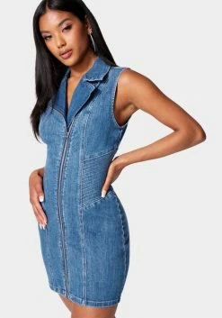 Multi Stitch Asymmetrical Zipper Denim Dress Festival Season