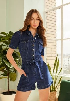 TC Button Front Short Sleeve Cuffed Denim Romper Weekend Vibes 7 TC Button Front Short Sleeve Cuffed Denim Romper Weekend Vibes