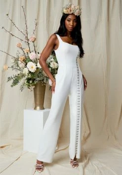 TC Knit Crepe Rhinestone Hook & Eye Wide Leg Jumpsuit