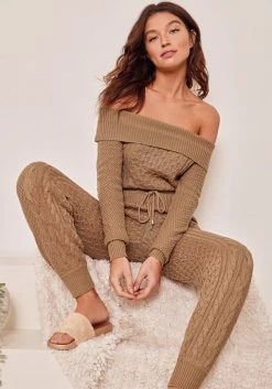 TC Off Shoulder Cable Knit Sweater Top Clothing